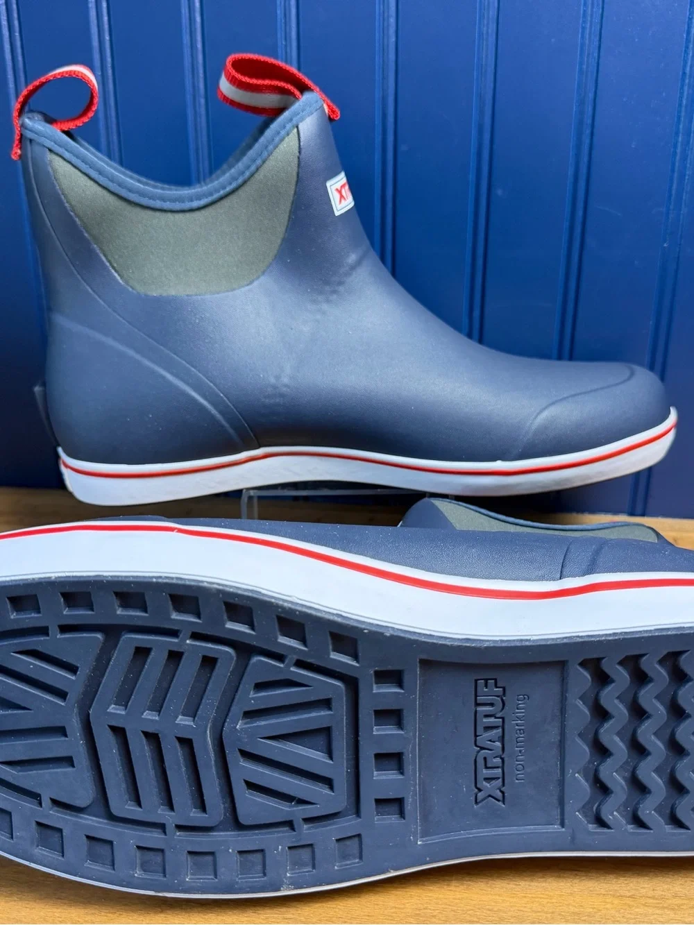 XTRATUF Men’s 12 Ankle Deck Boots Navy Red Waterproof Fishing Rain Boots
